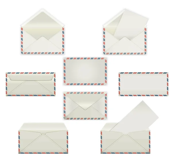 Het aantal lege witte enveloppen. Sjabloon testmodellen in vier verschillende weergaven, voor- en achterzijde, open en gesloten, verzegeld en afgedrukt met blad papier binnen. — Stockvector