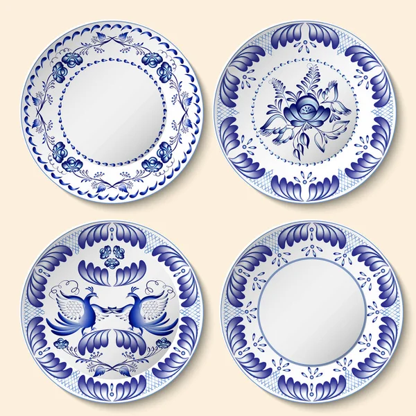 Set von dekorativen Porzellantellern mit blauem nationalen Muster im Gzhel-Stil. — Stockvektor