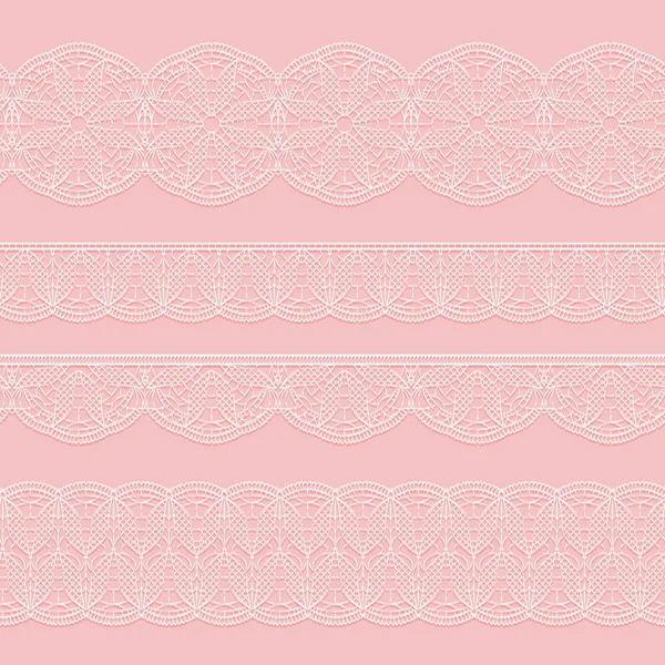Set of seamless lace white ribbons on a pink background. Styling weave crochet. — Stock Vector
