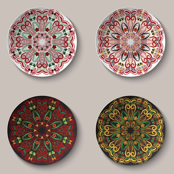 Mandala floral ornamental en estilo boho hohloma depositado en el plato de cerámica de recuerdo. Conjunto de elementos decorativos de diseño en versiones en blanco y negro . — Vector de stock