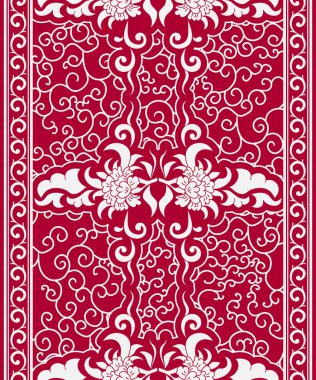 Çin tarzı kesintisiz dikey ışıma. Beyaz çiçekler ve kırmızı zemin üzerine bukleler.