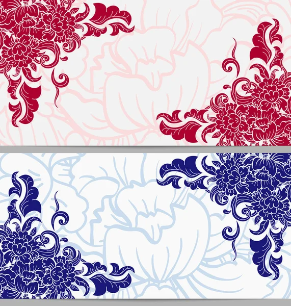 Instellen van de horizontale kaarten met florale elementen op de hoeken in twee kleuren. — Stockvector