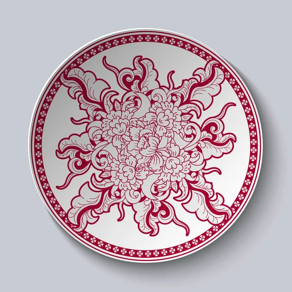 Unusual red and white floral pattern applied to decorative ceramic plate with a red border. Dish is isolated on white background. — Stock Vector