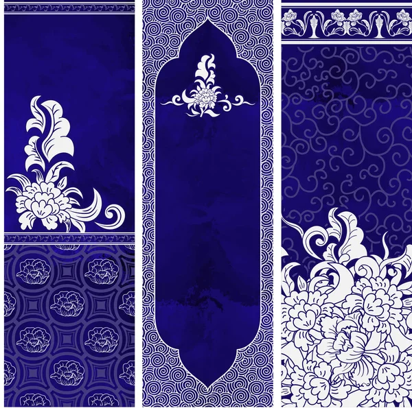 Set di modelli di striscioni floreali verticali con pittura di porcellana cinese imitazione. Texture acquerello . — Vettoriale Stock