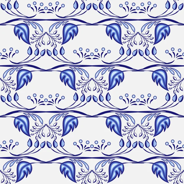Gzhel handmade background. Seamless pattern of Chinese or Russian porcelain painting with branches and leaves. — Stock Vector