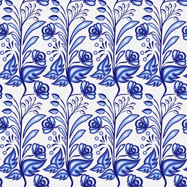 Gzhel Motiv Hintergrund. nahtloses Muster chinesischer oder russischer Porzellanmalerei mit kleinen blauen Blüten und Blättern. — Stockvektor