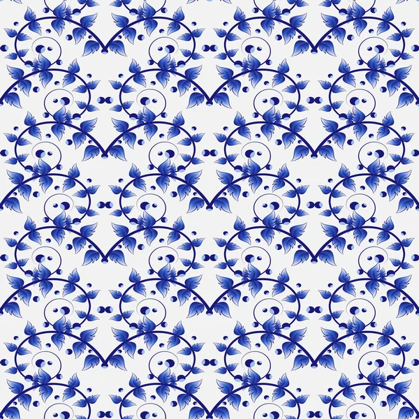 Kunstvolles, nahtloses Muster mit kleinen blauen Blättern und Zweigen auf weißem Hintergrund. nahtloses Muster im Gzhel-Stil für Tapeten, Stoffe, Packpapier, Webseiten. — Stockvektor
