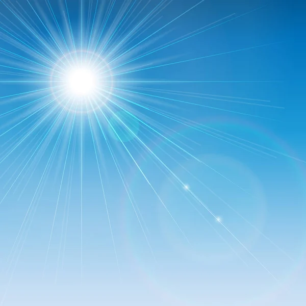 Le soleil brille brillamment avec une fusée éclairante sur un fond bleu ciel . — Image vectorielle