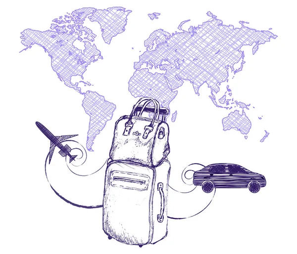 Viajes y viajes maleta bolsa concepto en el fondo del mapa del mundo. Dibujo de imitación con bolígrafo o lápiz . — Archivo Imágenes Vectoriales