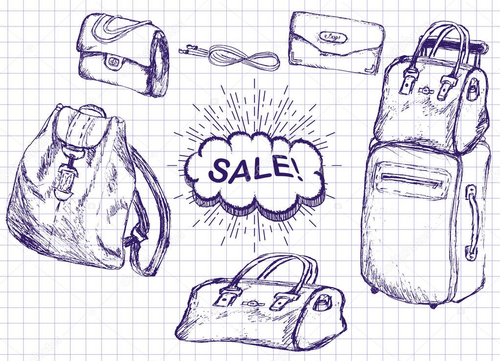 Sale shopping bags background. Figure in a school notebook styling.