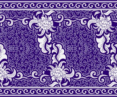Sorunsuz sınır Çin tarzı. Mavi yatay çiçek desenli. Porselen boyama nedenleri üzerinde süsleme.