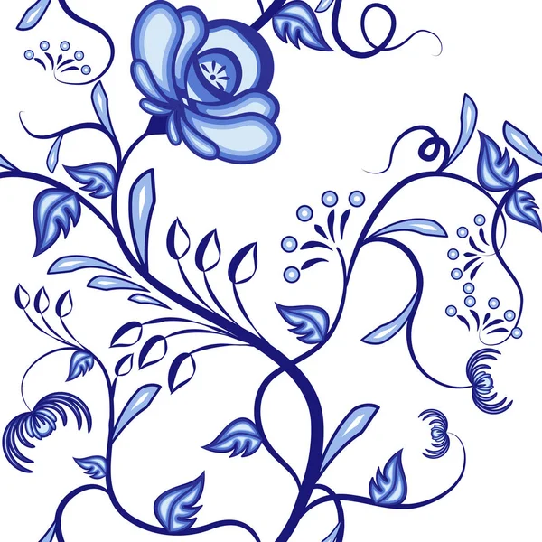 Nahtloses Blumenmuster. Hintergrund blauer abstrakter, miteinander verflochtener Pflanzen im nationalen Stil der Porzellanmalerei. — Stockvektor