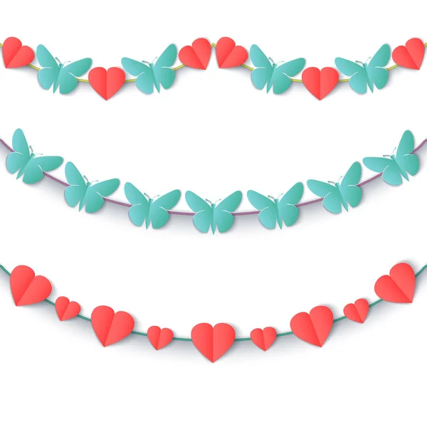 Conjunto de guirnaldas de colores corazones y mariposas . — Archivo Imágenes Vectoriales