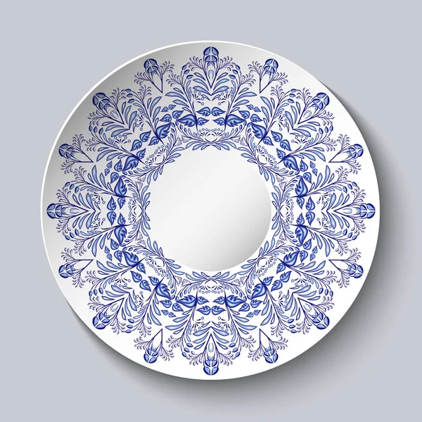 Porzellanteller mit blauem Blumenmuster. Nachahmung chinesischer oder russischer Porzellanmalerei. — Stockvektor