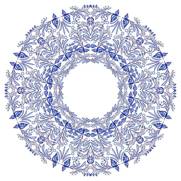 Marco redondo vacío estilo gzhel. Mandala de flor azul . — Vector de stock