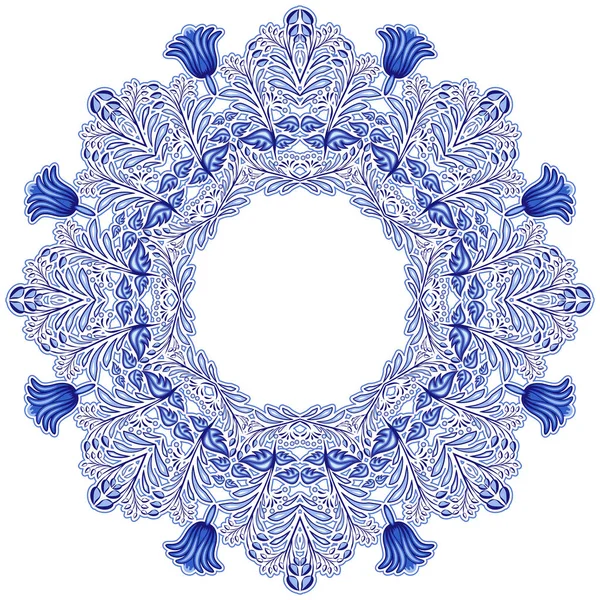 Kreisförmiges Ornament im gzhel-Stil. blaues Blumenmuster in Form von Schneeflocken. — Stockvektor