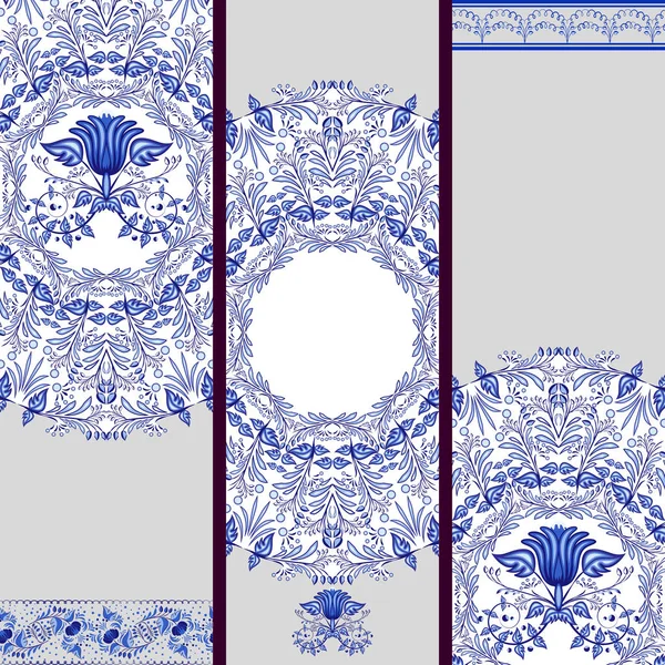 Set of banners or backgrounds based on ethnic painting on porcelain. Blue floral pattern. — Stock Vector