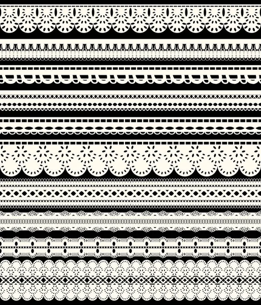 Set of seamless lace borders. Ten white openwork ribbons isolated on black background. — Stock Vector