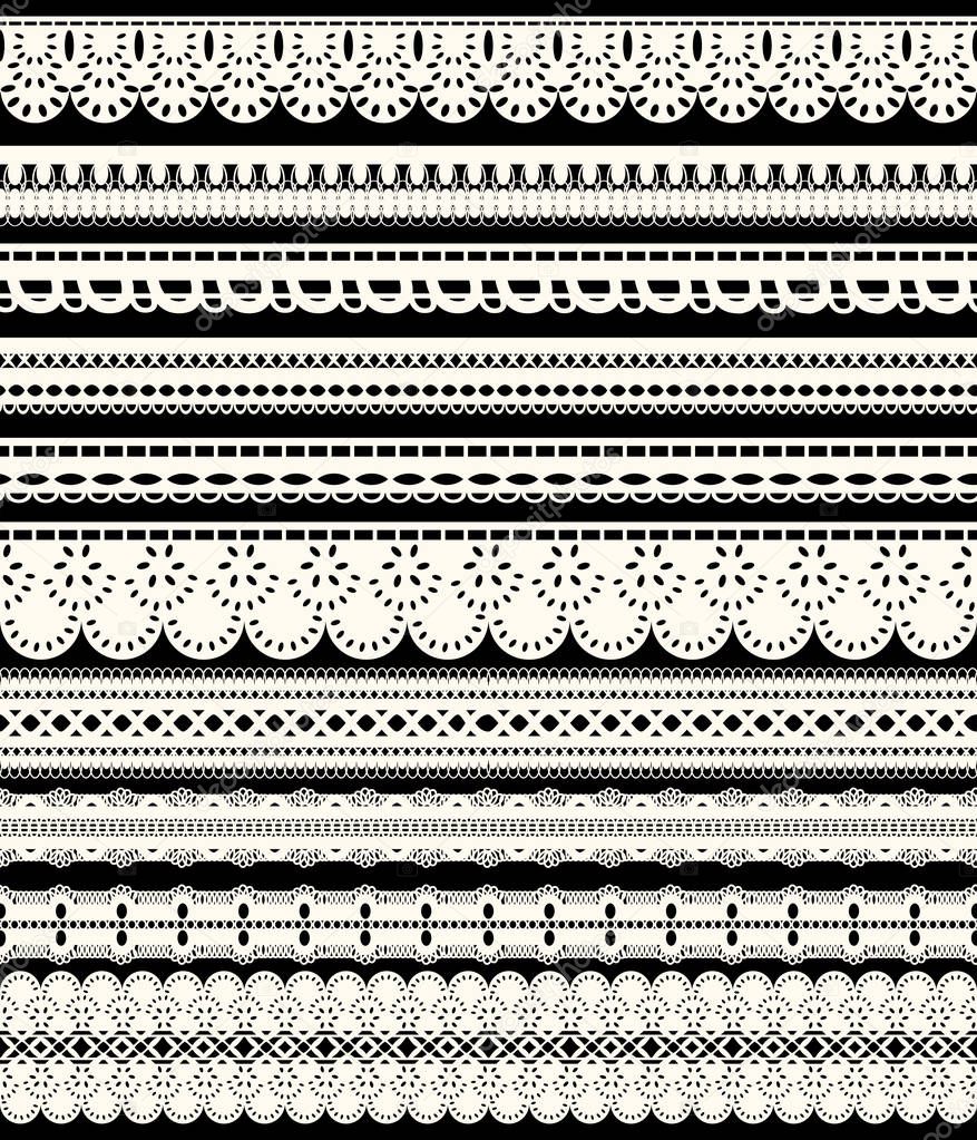 Set of seamless lace borders. Ten white openwork ribbons isolated on black background.