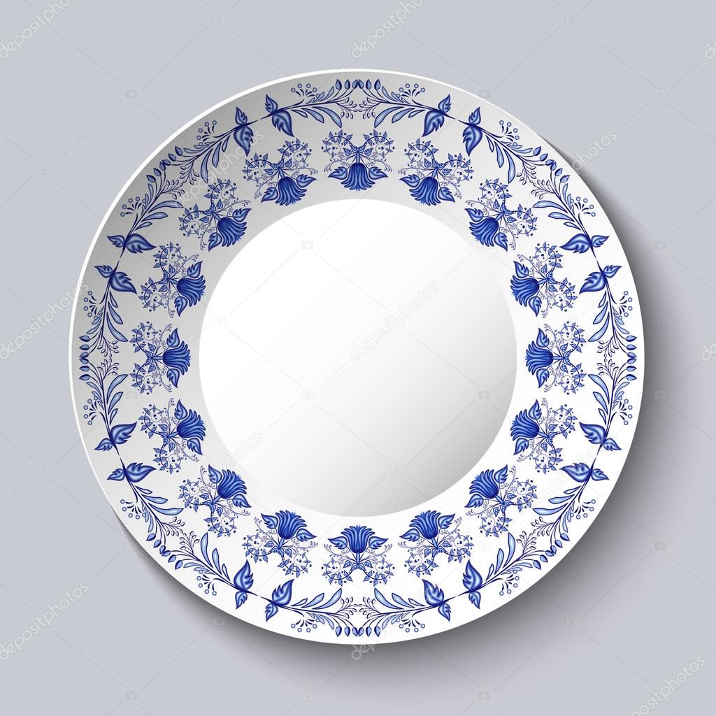 Ornamental porcellaneous plate with a blue pattern in ethnic style Chinese painting on porcelain or Russian style Gzhel.