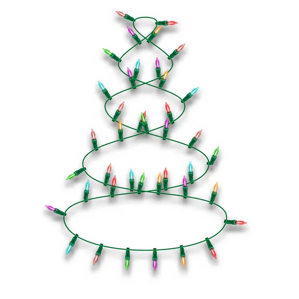 Multicolored Christmas Lights garland in the form of a Christmas tree for Template Xmas Holiday Greeting Cards Design. Isolated festive object. — Stock Vector
