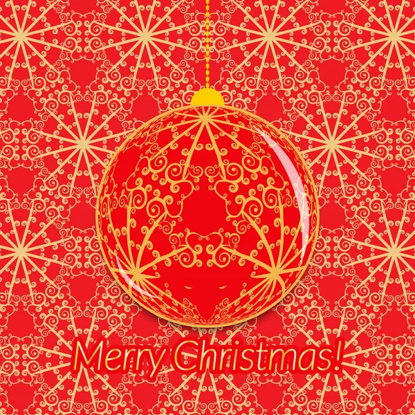 Χριστούγεννα ευχετήρια κάρτα με διαφανή μπάλα σε περίτεχνα κόκκινο και το χρυσό φόντο — Διανυσματικό Αρχείο