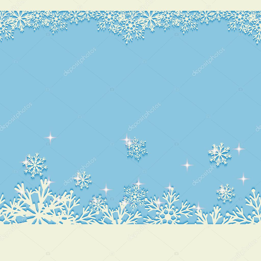 Blue winter Christmas background with glittering snowflakes. Seamless horizontal New Year pattern.