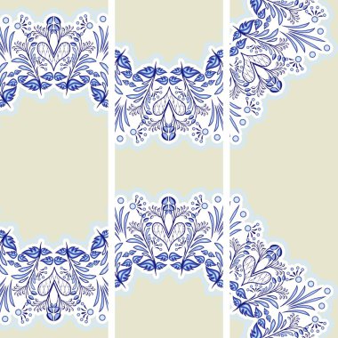 Dikey afiş etnik ayarlayın. Mavi çiçek desenli porselen boyama tarzı.