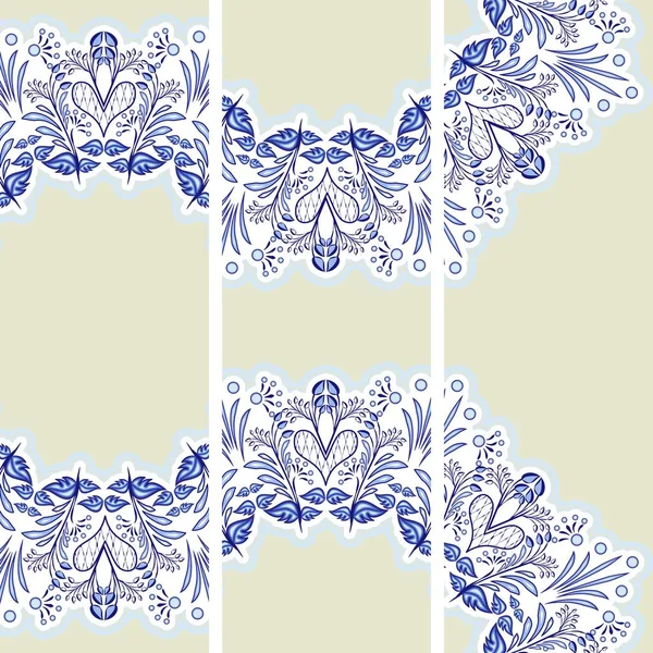 Establecer banderas verticales étnicas. Patrón floral azul en el estilo de la pintura de porcelana . — Archivo Imágenes Vectoriales