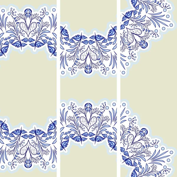 Establecer banderas verticales étnicas. Patrón floral azul en el estilo de la pintura de porcelana . — Vector de stock