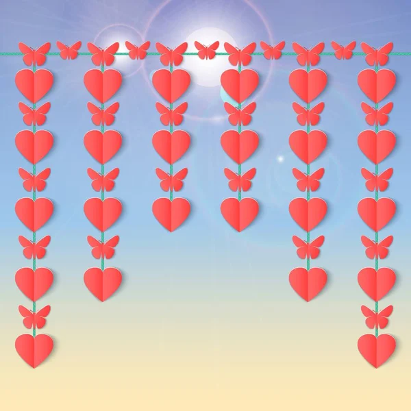 Feliz fondo de San Valentín con guirnaldas colgantes de corazones y mariposas. Elementos de papel en el cielo con bengalas . — Archivo Imágenes Vectoriales