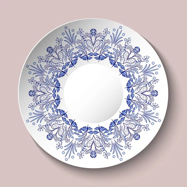 Dekorativní talíř zdobí modré etnických ornament se srdce ve stylu malování porcelánu. — Stockový vektor