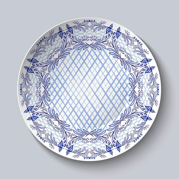 Prato pintado com padrões nacionais azuis no estilo de pintura em porcelana isolada em cinza . — Vetor de Stock