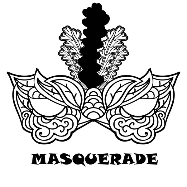 Vzorované karneval maska s peřím izolované na bílém. Vzor jednobarevné černé zentangle. — Stockový vektor