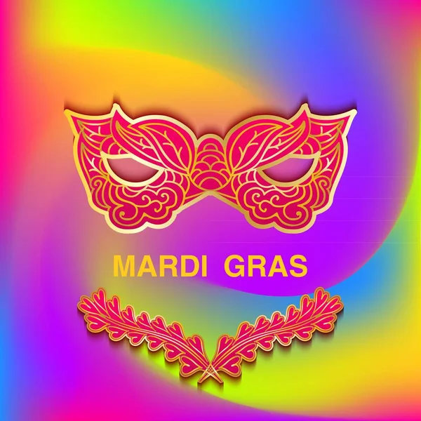 Fondo colorido brillante con máscara estampada Mardi Gras. Banner de tarjetas de plantilla o invitación. Ilustración vectorial . — Vector de stock