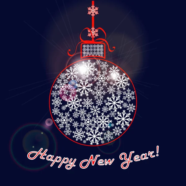 Поздравления с Новым годом. Рождественский шар снежинки с красной лентой на темно-синем фоне с бликами . — стоковый вектор