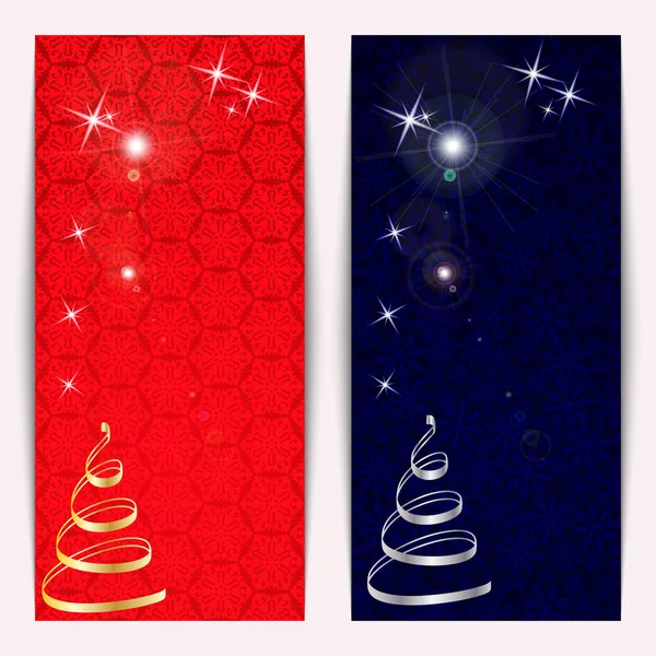 New Year or Christmas banners set with gold and silver serpentine shaped Christmas tree sparkles and snowflakes. — Stock Vector