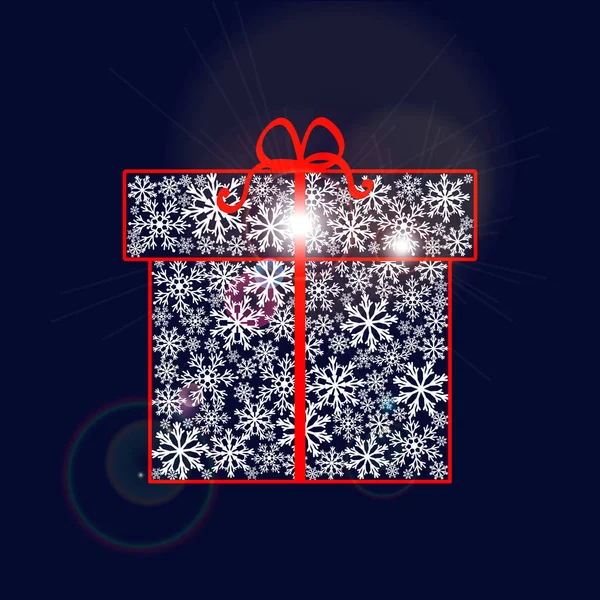 Gift box made of snowflakes with red ribbon and bow on dark blue background. — Stock Vector