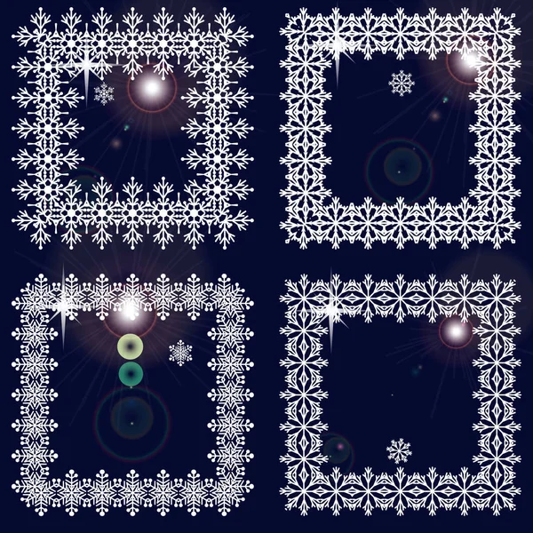 Conjunto de marcos de invierno de copos de nieve. Cuadros blancos sobre fondo azul oscuro con reflejos — Vector de stock