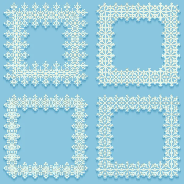 Set vorst frames van sneeuwvlokken. Witte kaders op blauwe achtergrond met schaduw — Stockvector