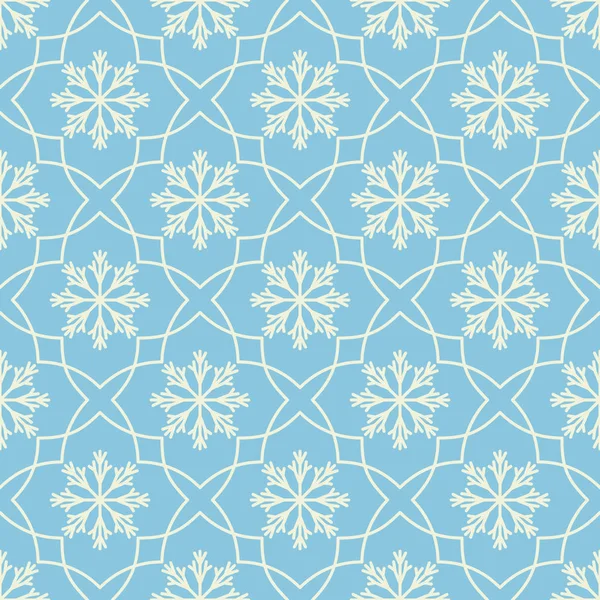 Modèle géométrique sans couture avec flocons de neige. Éléments blancs plats sur fond bleu . — Image vectorielle