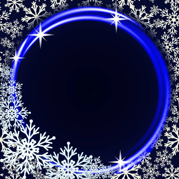 Vinter bakgrund med neon ring och snöflingor. — Stock vektor