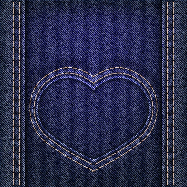 Denim heart sewn on jeans backdrop. Valentines day background. — Stock Vector