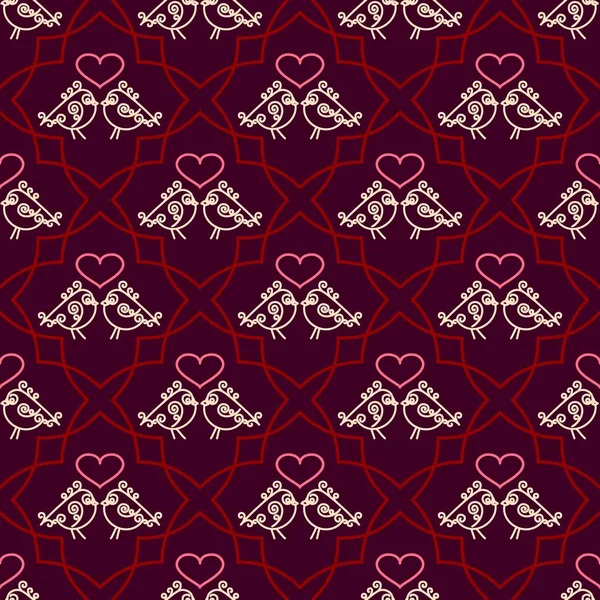 Valentines Day seamless pattern with couples birds and hearts. Trendy linear design of love symbols. Juicy rich background. — Stock Vector