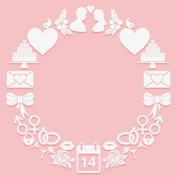 Día de San Valentín iconos marco redondo sobre un fondo rosa. La forma un anillo . — Vector de stock