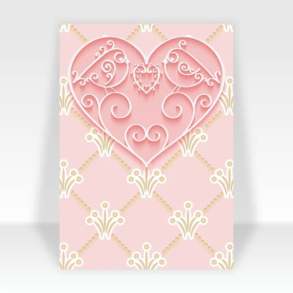 Różowy Walentynki ulotki z sercem i ptaki do tworzenia zaproszenia i kartki z życzeniami. — Wektor stockowy