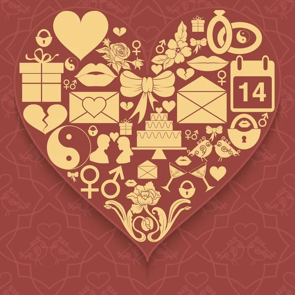 Valentijnsdag pictogrammen gecompileerd in vorm van hart op patroon achtergrond instellen. — Stockvector