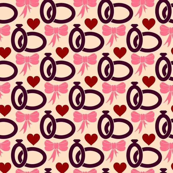 Valentines Day seamless pattern with wedding rings and bows. — Stock Vector