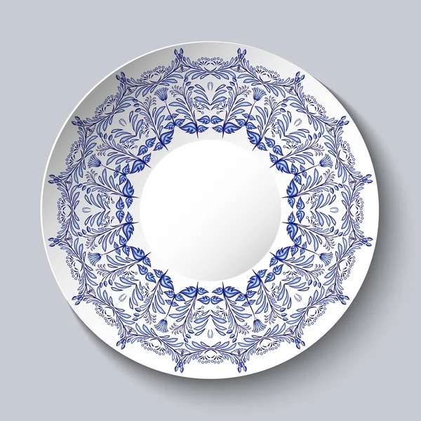 Plato de porcelana de recuerdo con un patrón floral azul . — Vector de stock