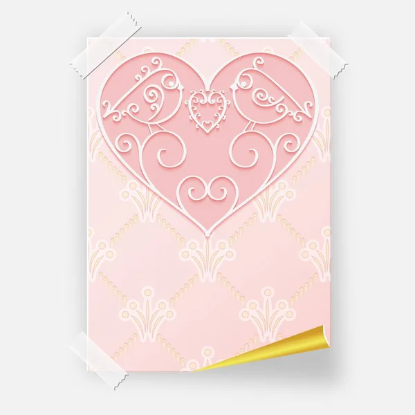 Pink Valentines Day poster with a heart and birds for creating messages invitations or greeting cards. — Stock Vector